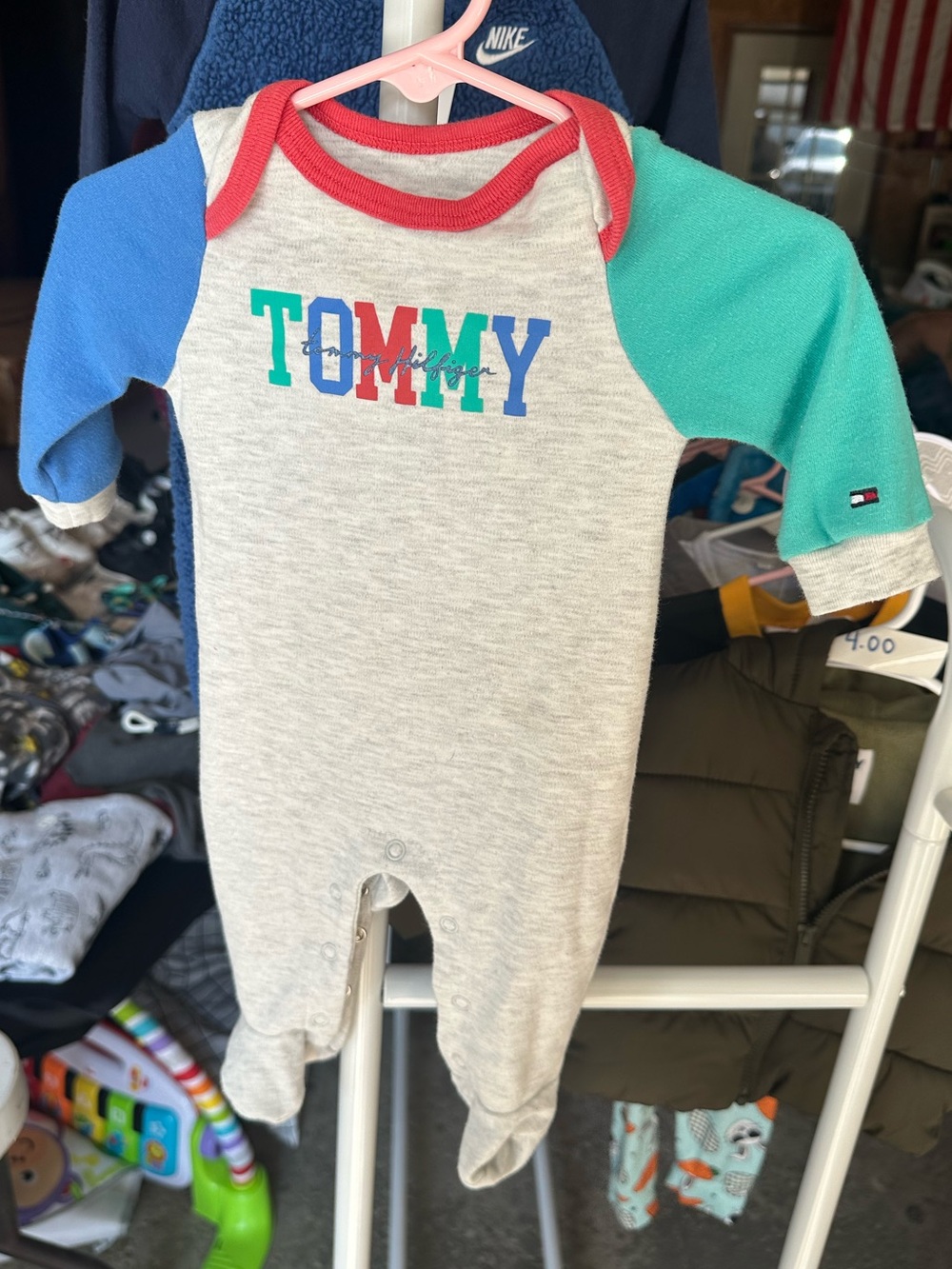 Tommy Hilfiger Gray One-Piece with Blue & Teal Sleeves and Red Trim